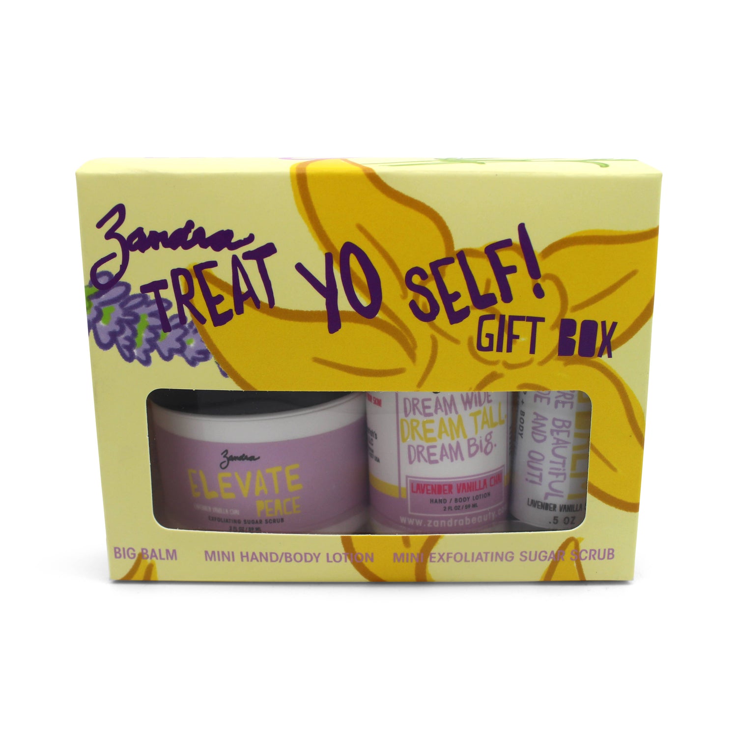 Zandra Treat Yo Self Gift Box with lip balm, sugar scrub, and hand & body lotion self-care gift set