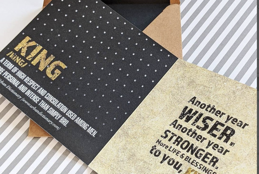 Your bearded family, friends, and baes will definitely love this card. The front features a metallic paper gold crown along with a velvet textured beard. It gets even better when you open up the card! Not only is there a wonderful message to your bearded king, there's also a definition of "King" set atop a background with mini crowns. Whoever you gift this to you will not be disappointed. 5.5" x 5.5" kraft envelope