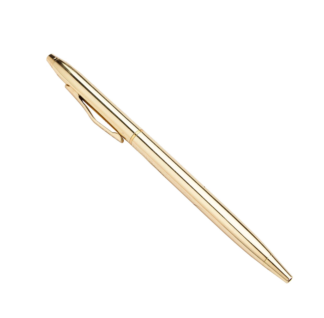 A gold-colored slim metal twist ballpoint pen, suitable for journaling.