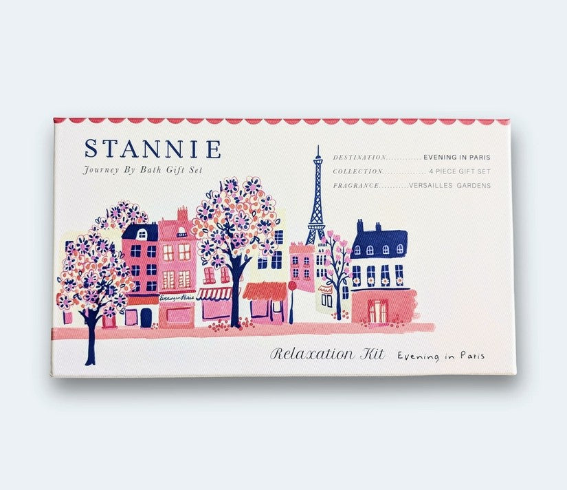 Stannie Journey By Bath Gift Set 'Evening in Paris' Relaxation Kit box, featuring a colorful illustration of Parisian houses, trees, and the Eiffel Tower on a light gray background.